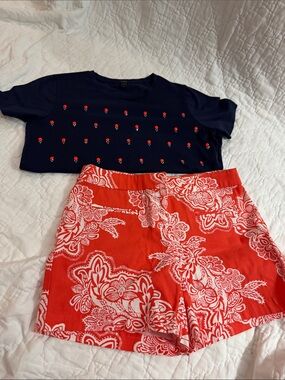 Women’s Navy Blue Tee with Red Floral Shorts Set